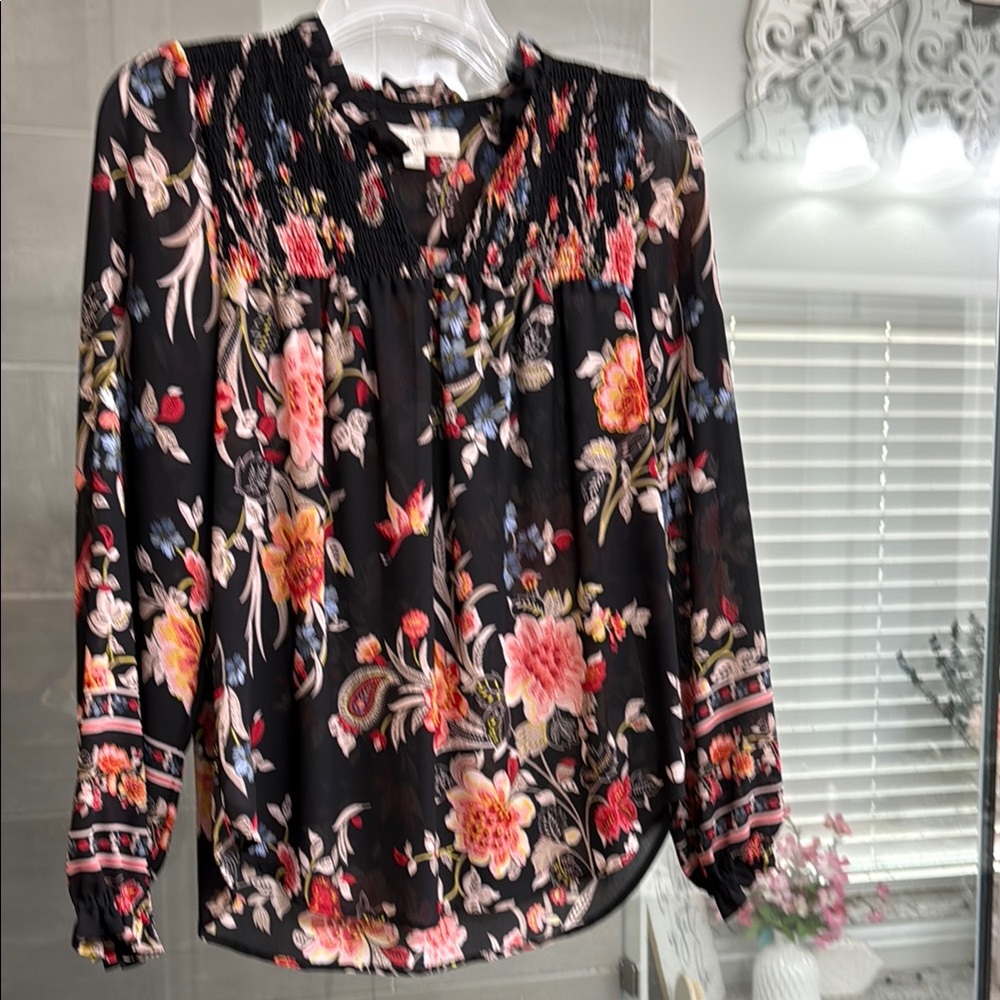 LOFT Black and Pink Ruffled Blouse with Mandarin Collar